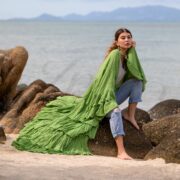 Avocado Green Ruffle Kimono Duster: Boho Raw Cotton Plus Size Robe. Bali - Image 4