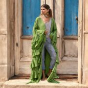 Avocado Green Ruffle Kimono Duster: Boho Raw Cotton Plus Size Robe. Bali - Image 10
