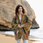 Plus Size Velvet Kimono Robe: Ochre Bloom Cotton Duster Coat - Mei - Image 10