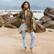 Plus Size Velvet Kimono Robe: Ochre Bloom Cotton Duster Coat - Mei