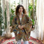 Plus Size Velvet Kimono Robe: Ochre Bloom Cotton Duster Coat - Mei - Image 6