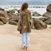 Plus Size Velvet Kimono Robe: Ochre Bloom Cotton Duster Coat - Mei - Image 3