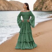 Boho Wedding Dress: Elderfern Green Cotton Off-Shoulder Gown - Lucia - Image 7