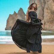 Lucia Off-Shoulder Boho Wedding Dress – Ruffled Tiered Cotton Maxi in Raven Black
