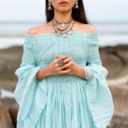 Boho Wedding Dress: Aqua Cloud Cotton Maxi Gown, Off-Shoulder Bell Sleeves - Lucia - Image 6
