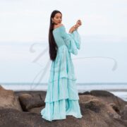 Boho Wedding Dress: Aqua Cloud Cotton Maxi Gown, Off-Shoulder Bell Sleeves - Lucia - Image 2