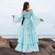 Boho Wedding Dress: Aqua Cloud Cotton Maxi Gown, Off-Shoulder Bell Sleeves - Lucia - Image 3
