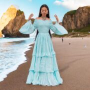Boho Wedding Dress: Aqua Cloud Cotton Maxi Gown, Off-Shoulder Bell Sleeves - Lucia - Image 9