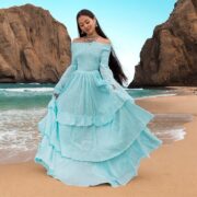 Boho Wedding Dress: Aqua Cloud Cotton Maxi Gown, Off-Shoulder Bell Sleeves - Lucia - Image 7