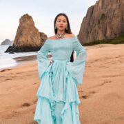 Boho Wedding Dress: Aqua Cloud Cotton Maxi Gown, Off-Shoulder Bell Sleeves - Lucia - Image 10