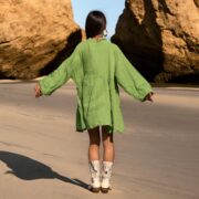 Plus Size Boho Crinkle Cotton Tunic Dress: Lime Bloom Kaftan Cover-Up - Bellina - Image 3