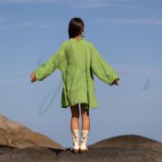 Plus Size Boho Crinkle Cotton Tunic Dress: Lime Bloom Kaftan Cover-Up - Bellina - Image 8