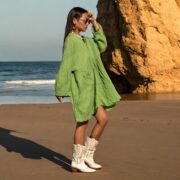 Plus Size Boho Crinkle Cotton Tunic Dress: Lime Bloom Kaftan Cover-Up - Bellina - Image 2