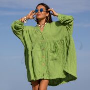 Plus Size Boho Crinkle Cotton Tunic Dress: Lime Bloom Kaftan Cover-Up - Bellina - Image 10