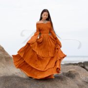 Boho Wedding Dress: Terra Cotta Cotton Maxi Gown with Bell Sleeves - Lucia - Image 4