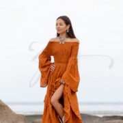 Boho Wedding Dress: Terra Cotta Cotton Maxi Gown with Bell Sleeves - Lucia - Image 5
