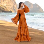Boho Wedding Dress: Terra Cotta Cotton Maxi Gown with Bell Sleeves - Lucia - Image 8