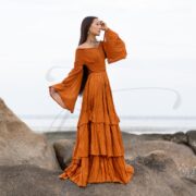 Boho Wedding Dress: Terra Cotta Cotton Maxi Gown with Bell Sleeves - Lucia - Image 2