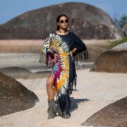 Handmade Tie-Dye Fringe Tunic Dress: Cosmic Crescent Boho Caftan - Arlo