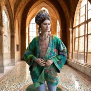 Quilted Silk Kimono Robe: Gemleaf Patchwork, Boho Wedding Jacket - Mei - Image 6