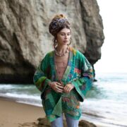 Quilted Silk Kimono Robe: Gemleaf Patchwork, Boho Wedding Jacket - Mei - Image 4