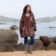 Boho Patchwork Kimono Jacket – Ember Canyons Sahara Weave, Plus Size Fleece-Lined Hooded Coat