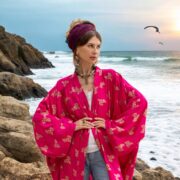 Magenta Bloom Kimono Robe: Gold Floral Bridal Cover-Up - Alura - Image 10