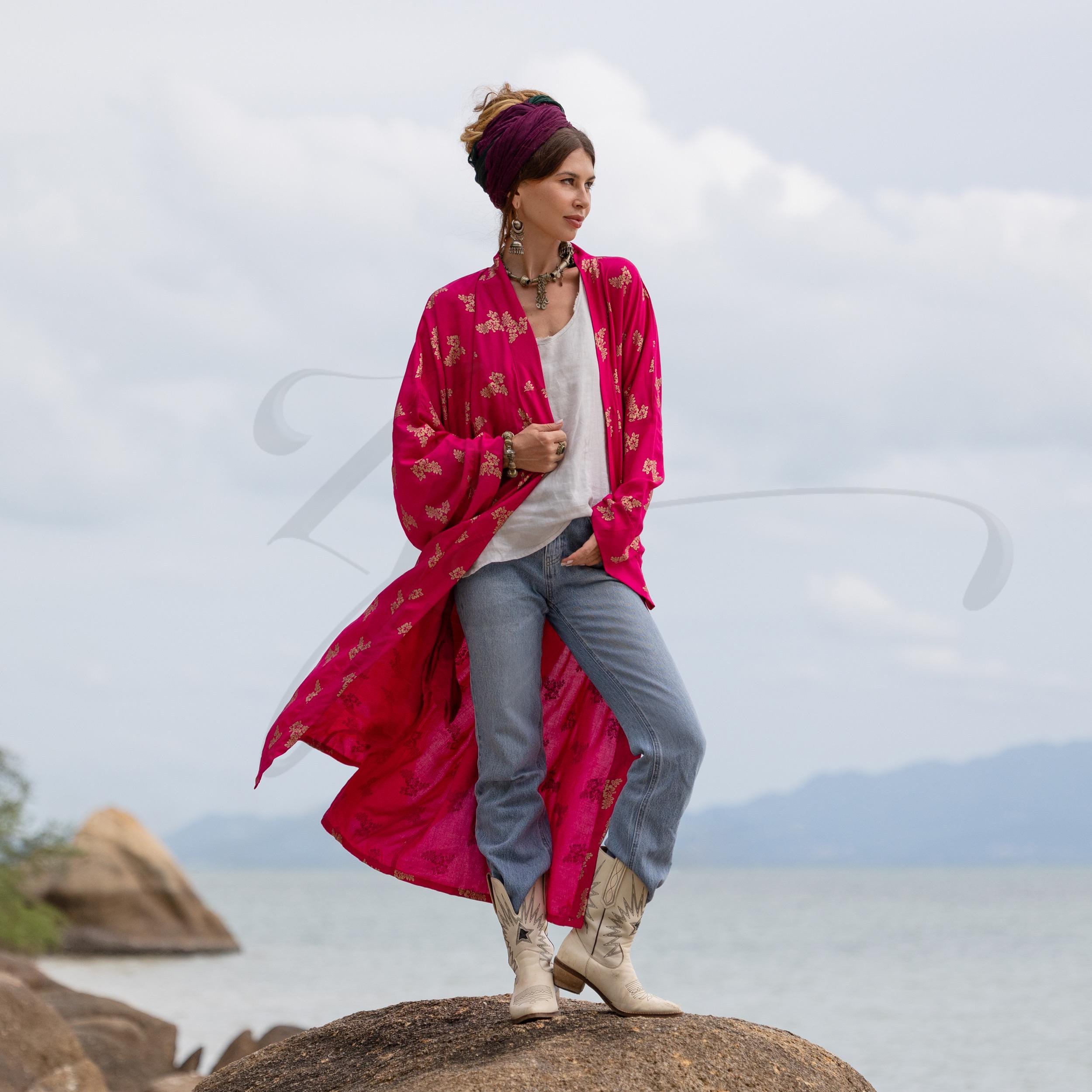 il_fullxfull.7016119215_be2u.jpg Magenta Bloom Kimono Robe: Gold Floral Bridal Cover-Up - Alura - Image 1