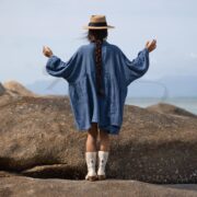 Plus Size Boho Tunic Top: Crinkle Cotton Babydoll Dress, Ocean Flint - Bellina - Image 3