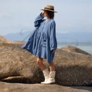 Plus Size Boho Tunic Top: Crinkle Cotton Babydoll Dress, Ocean Flint - Bellina - Image 2