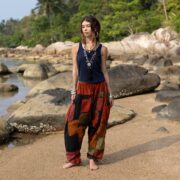 Plus Size Boho Harem Pants: Rust Patchwork Cotton, Wide Leg Trousers - Spiritu