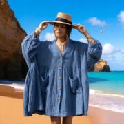 Plus Size Boho Tunic Top: Crinkle Cotton Babydoll Dress, Ocean Flint - Bellina - Image 10