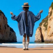 Plus Size Boho Tunic Top: Crinkle Cotton Babydoll Dress, Ocean Flint - Bellina - Image 8