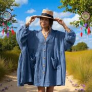 Plus Size Boho Tunic Top: Crinkle Cotton Babydoll Dress, Ocean Flint - Bellina - Image 6