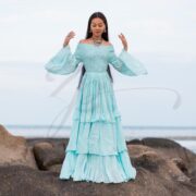 Boho Wedding Dress: Aqua Cloud Cotton Maxi Gown, Off-Shoulder Bell Sleeves - Lucia