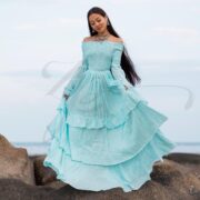 Boho Wedding Dress: Aqua Cloud Cotton Maxi Gown, Off-Shoulder Bell Sleeves - Lucia - Image 4