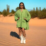 Plus Size Boho Crinkle Cotton Tunic Dress: Lime Bloom Kaftan Cover-Up - Bellina - Image 5