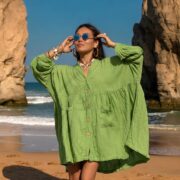 Plus Size Boho Crinkle Cotton Tunic Dress: Lime Bloom Kaftan Cover-Up - Bellina - Image 4
