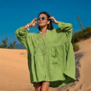 Plus Size Boho Crinkle Cotton Tunic Dress: Lime Bloom Kaftan Cover-Up - Bellina - Image 6