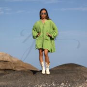Plus Size Boho Crinkle Cotton Tunic Dress: Lime Bloom Kaftan Cover-Up - Bellina - Image 7