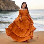 Boho Wedding Dress: Terra Cotta Cotton Maxi Gown with Bell Sleeves - Lucia - Image 10