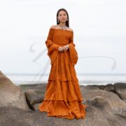 Boho Wedding Dress: Terra Cotta Cotton Maxi Gown with Bell Sleeves - Lucia