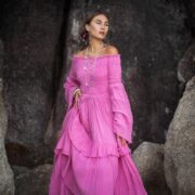 Boho Wedding Dress: Pink Cotton Maxi Gown with Bell Sleeves - Lucia - Image 5