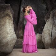 Boho Wedding Dress: Pink Cotton Maxi Gown with Bell Sleeves - Lucia - Image 2