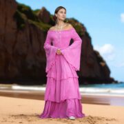Boho Wedding Dress: Pink Cotton Maxi Gown with Bell Sleeves - Lucia - Image 7