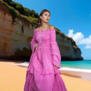 Boho Wedding Dress: Pink Cotton Maxi Gown with Bell Sleeves - Lucia - Image 10