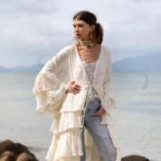 Plus Size Cotton Gauze Kimono Duster: Ivory Sandstone Ruffle Boho Layer - Bali - Image 4