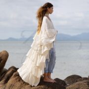 Plus Size Cotton Gauze Kimono Duster: Ivory Sandstone Ruffle Boho Layer - Bali - Image 2