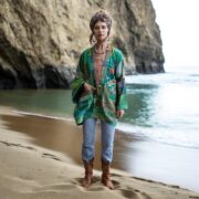 Quilted Silk Kimono Robe: Gemleaf Patchwork, Boho Wedding Jacket - Mei