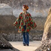 Olive Velvet Kimono Jacket: Floral Boho Duster Coat - Mei